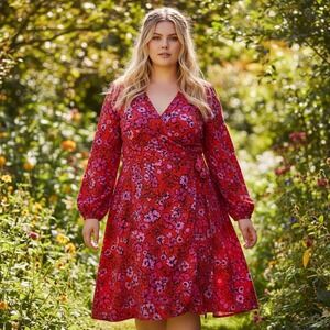 Boohoo Floral Wrap Midi Dress Long Balloon Sleeve V-Neck Boho Cottagecore 24